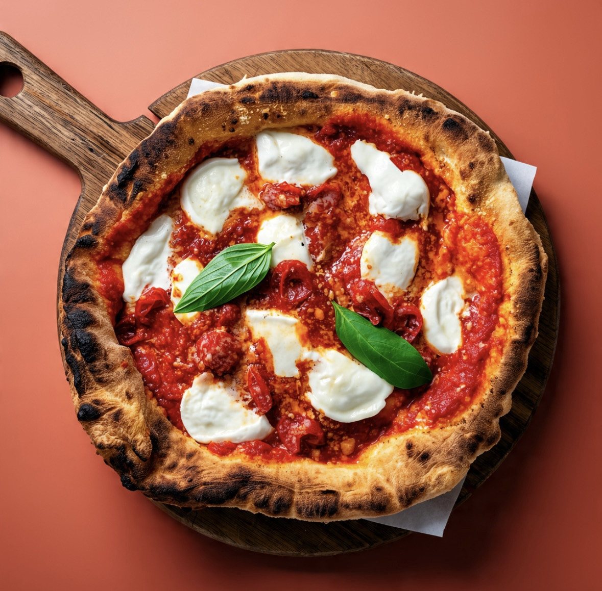 Pizza Margherita sur sa planche