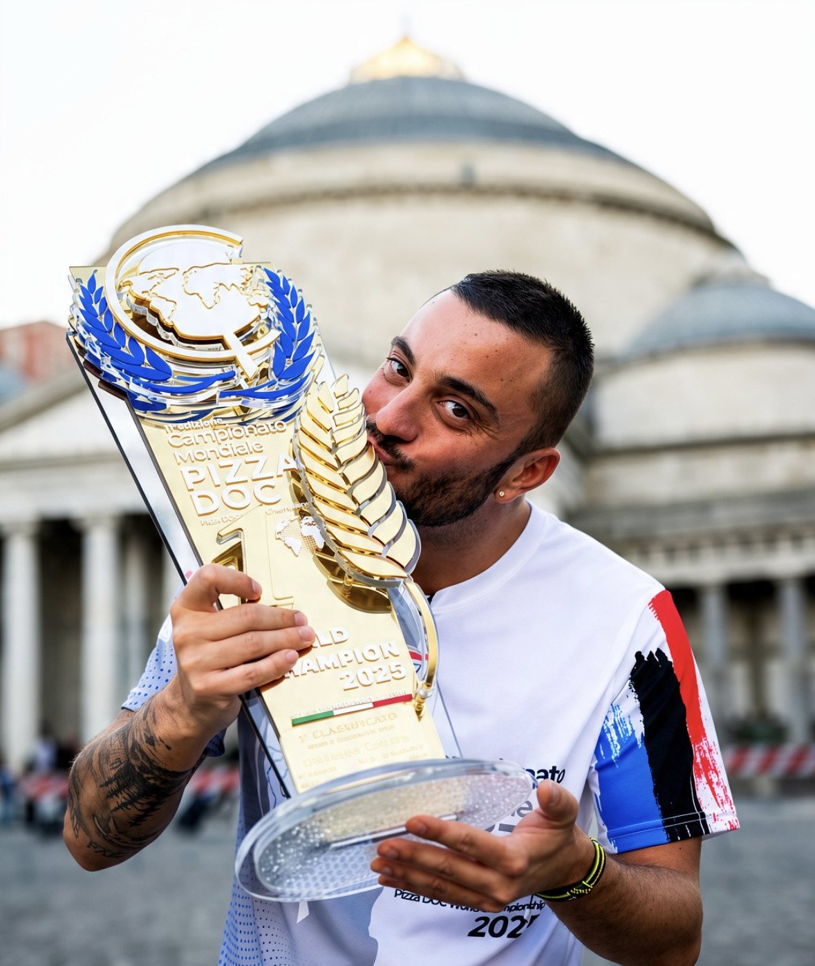 Peppe embrasse son trophée de champion du monde devant un monument de Naples